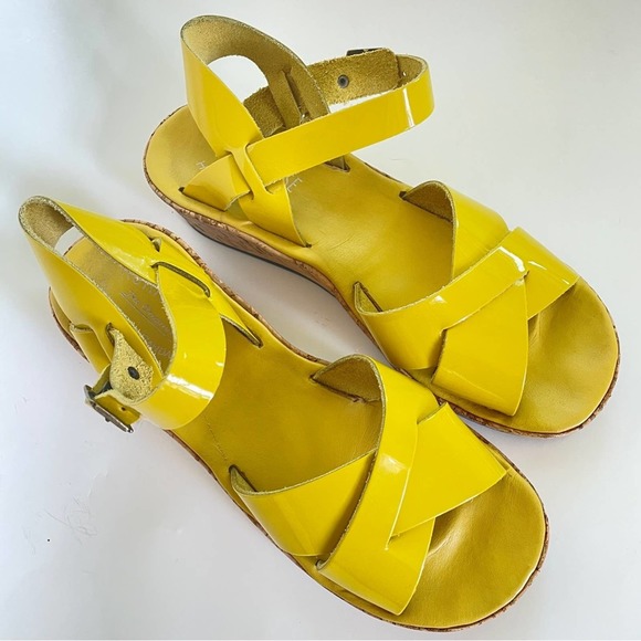 Kork-ease Myrna Sandal Patent Yellow Leather Cork Wedge Retro Comfort Buckle 7 - Picture 2 of 11